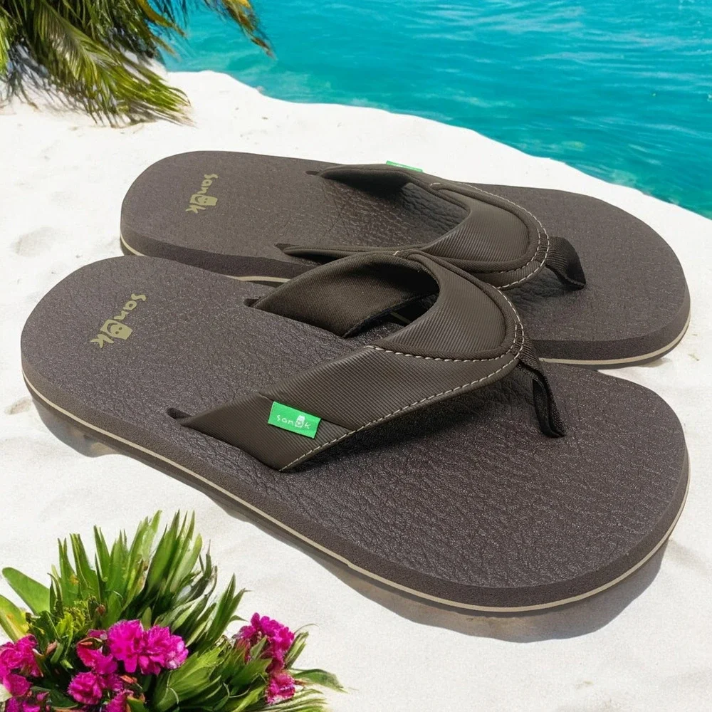 Sanuk Beer Cozy Yoga Mat Flip Flops Brown Men's Sz 8 EU 41 Beach Thong Sandals